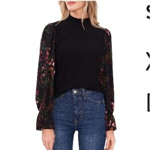 CeCe Black Blouse with Mandarin Collar and Embellished Sleeve Design